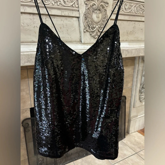 H&M Black Sequin Spaghetti Strap Top Blouse Size Small - Picture 1 of 10
